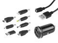 uniwersalna ładowarka samochoodwa 2xUSB, 12/24V, różne wymienne końcówki do kabla zasilającego