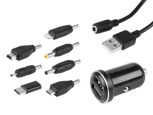 uniwersalna ładowarka samochoodwa 2xUSB, 12/24V, różne wymienne końcówki do kabla zasilającego